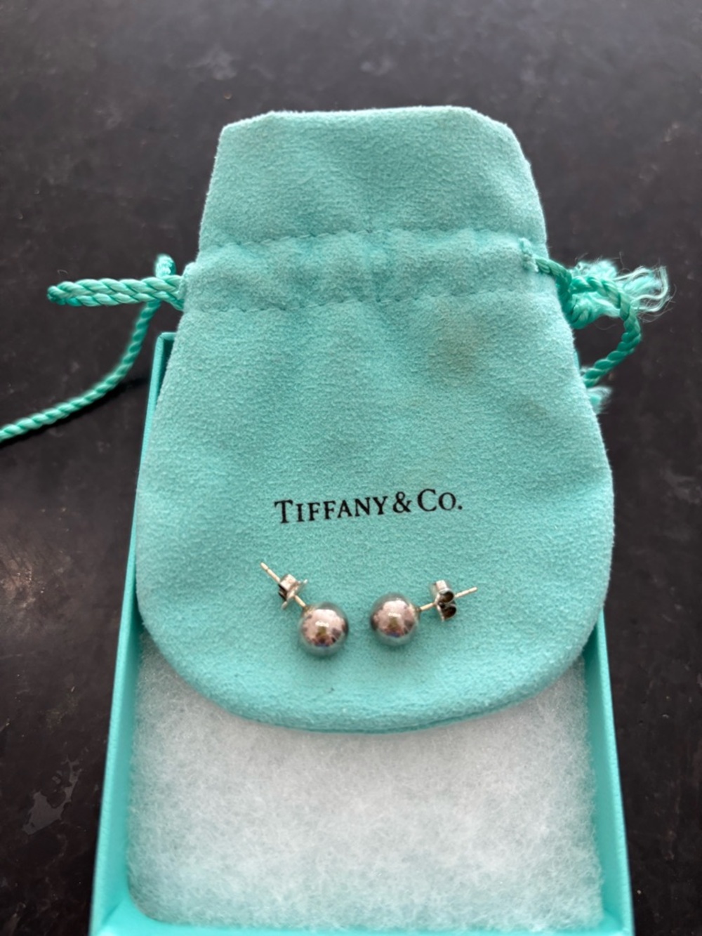 Tiffany & Co. Sterling Silver Ball Studs with pouch and box. 8mm size